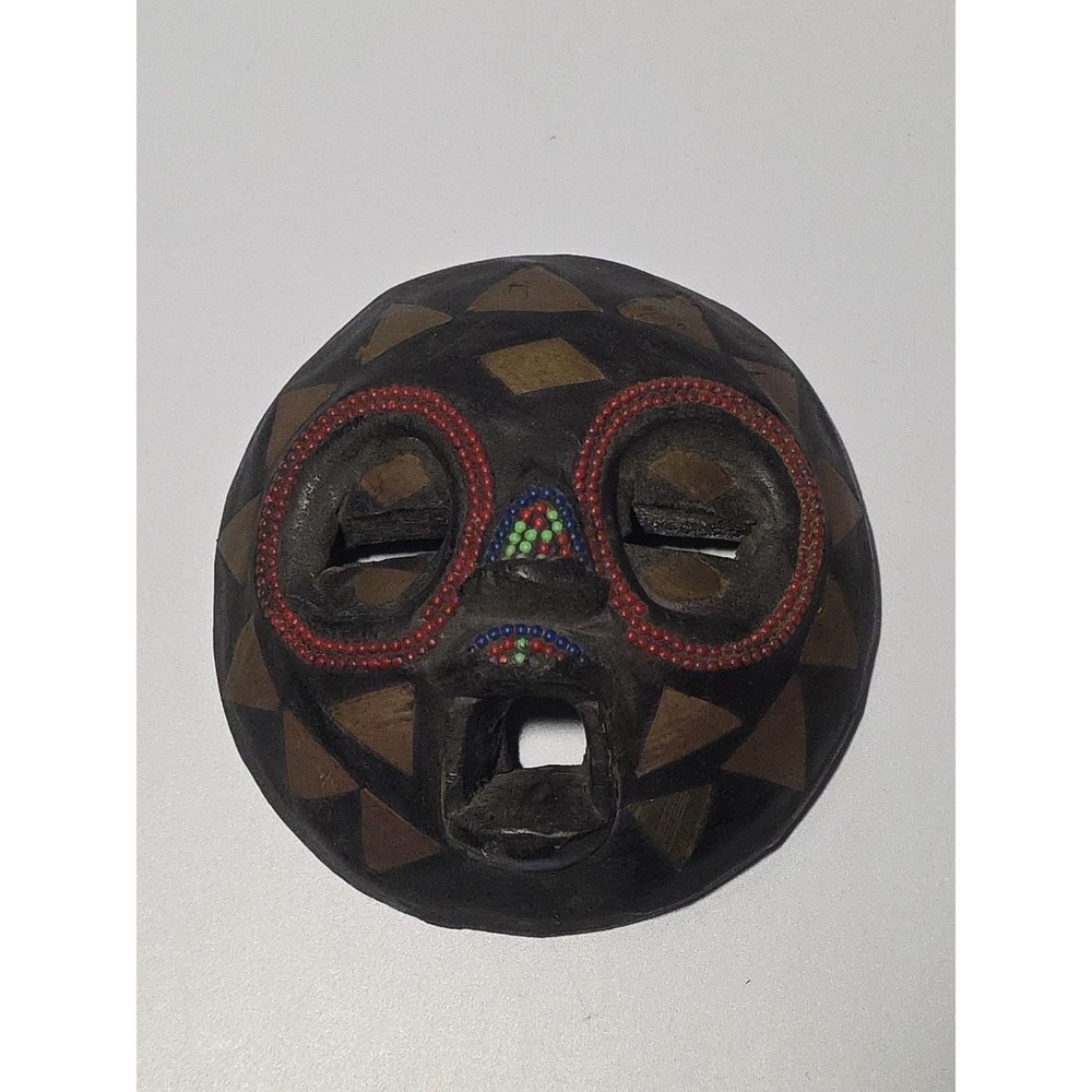 African Tribal Mask Handcrafted In Ghana Beaded Brass‎ Inlay 5 Inch